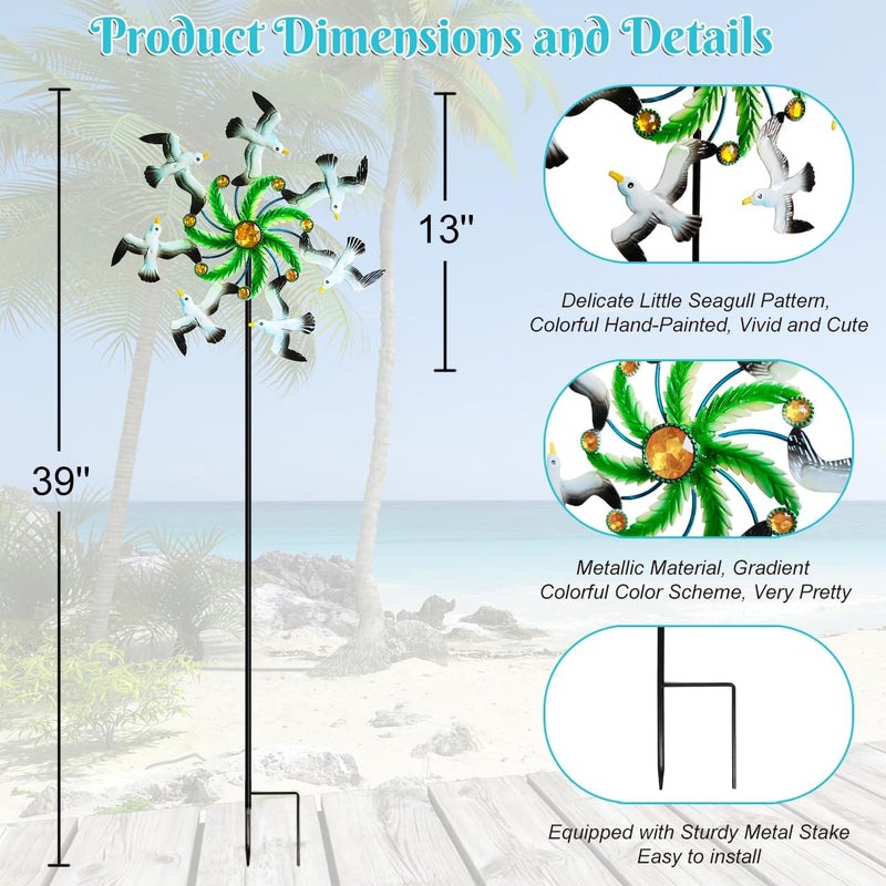 Senflame Seagull Wind Spinners - 39" Ocean-Themed Metal Wind Sculptures Garden Stake Art, 13.5” Windmill Yard Kinetic, Outdoor Decor for Patio & Lawn - Metal Beach Sculpture with Seagull Design - Image 4